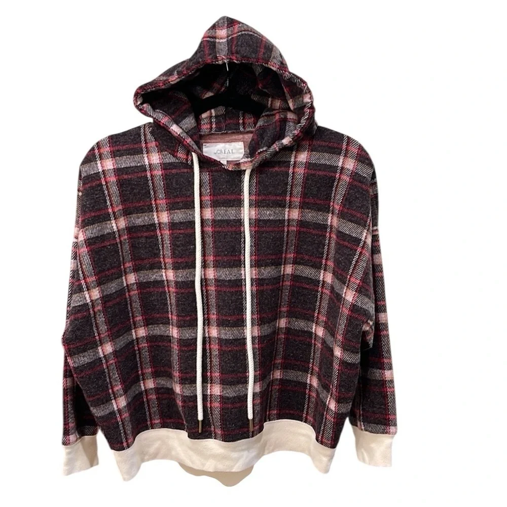 The Great. Teammate Hoodie Cedar House Plaid SZ M 2 Brown Red - Picture 7 of 11